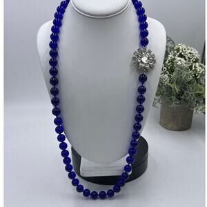 Ann Taylor Cobalt Blue Glass Knotted‎ Bead Sunburst Rhinestone Accent Necklace